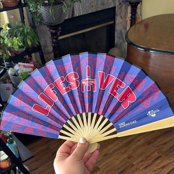 Blue and Red Lifesaver Hand Fan - End Overdose - Picture 1 of 6